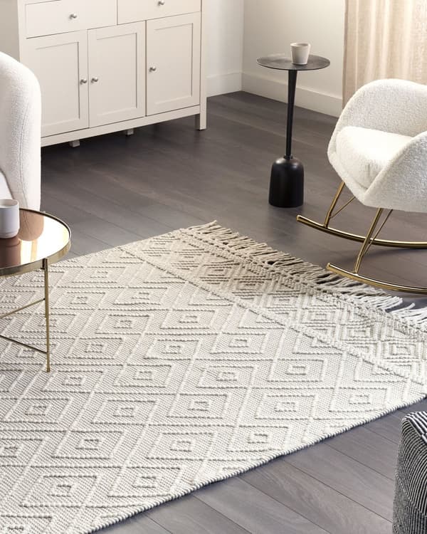 Matta Beige Ull 160 x 230 cm med Tofsar Handvävd Vardagsrum Sovrum Bohemisk Modern