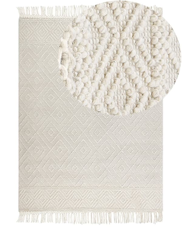 Matta Beige Ull 160 x 230 cm med Tofsar Handvävd Vardagsrum Sovrum Bohemisk Modern