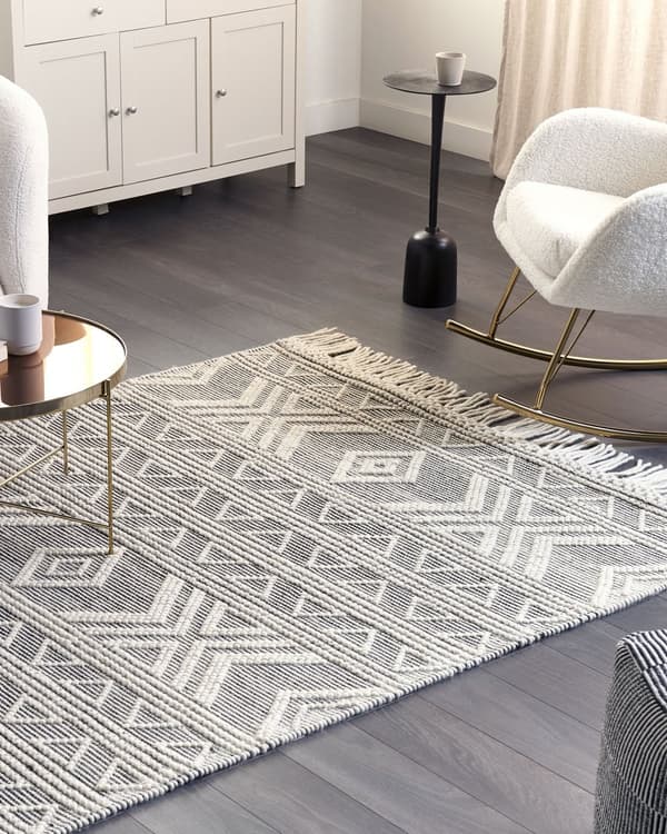 Matta Vit och Svart Ull 160 x 230 cm Geometriskt Mönster med Tofsar Handvävd Vardagsrum Sovrum Bohemisk Modern