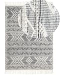 Miniatyrbild 1 av 6: Matta Vit och Svart Ull 160 x 230 cm Geometriskt Mönster med Tofsar Handvävd Vardagsrum Sovrum Bohemisk Modern