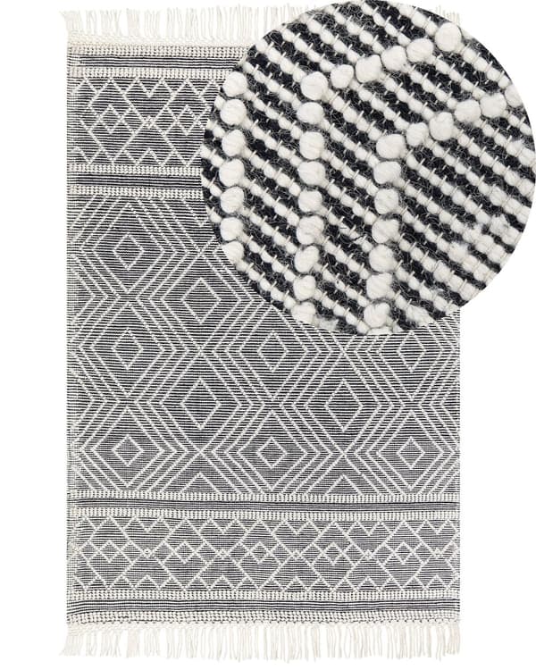 Gulvteppe Teppe Svart Hvit Ull Bomull 160 x 230 cm Håndvevd med dusker Geometrisk mønster