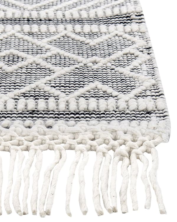 Gulvteppe Teppe Svart Hvit Ull Bomull 160 x 230 cm Håndvevd med dusker Geometrisk mønster