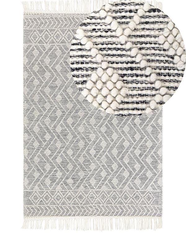 Gulvteppe Teppe Svart Hvit Ull Bomull 160 x 230 cm Håndvevd med dusker Geometrisk mønster