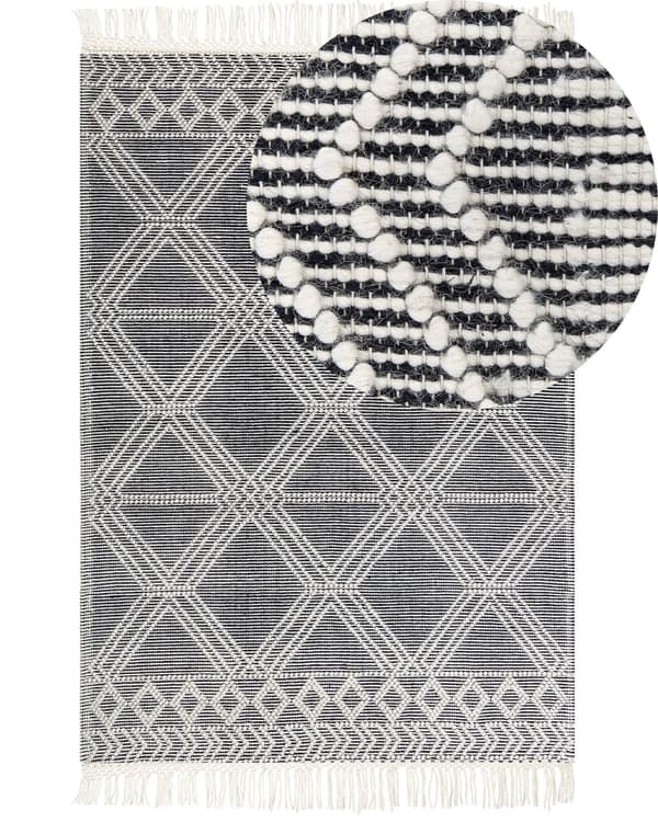 Gulvteppe Teppe Grå Hvit Ull Bomull 160 x 230 cm Håndvevd Geometrisk Mønster med dusker