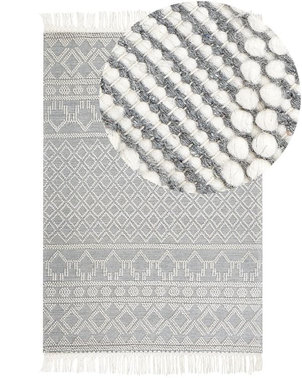 Matta Beige och Grå Ull 160 x 230 cm Geometriskt Mönster med Fransar Handvävd Vardagsrum Sovrum Boho Modern Design