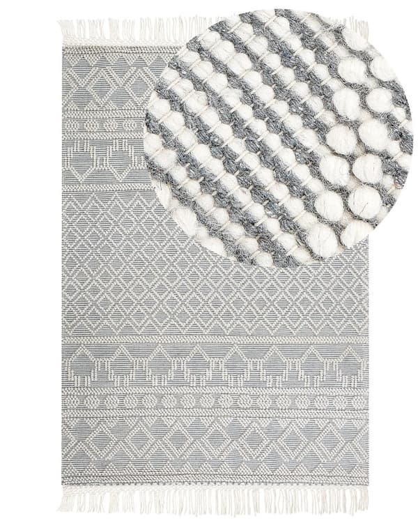 Matta Beige och Grå Ull 200 x 300 cm Geometriskt Mönster med Fransar Handvävd Vardagsrum Sovrum Boho Modern Design