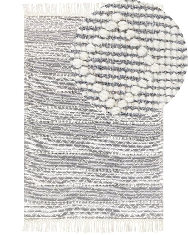 Matta Grå och Vit Ull Bomull 160 x 230 cm Handvävd Plattväv med Tofsar Geometriskt Mönster