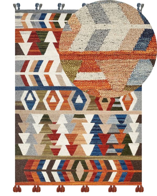 Matto monivärinen villa ja puuvilla 200 x 300 cm käsin tehty tupsuilla Kelim matto