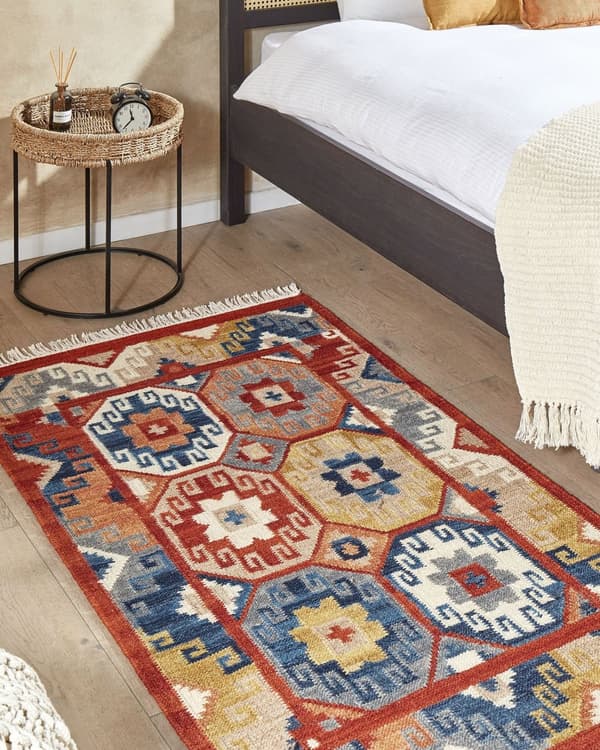 Matto monivärinen 80 x 150 cm villa geometrinen kuvio Kelim hapsut käsintehty suorakulmio boho