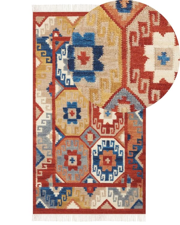 Matto monivärinen 80 x 150 cm villa geometrinen kuvio Kelim hapsut käsintehty suorakulmio boho