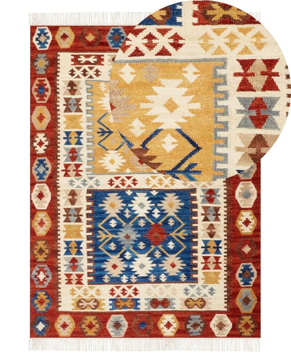 Matto monivärinen 140 x 200 cm villa hapsut Kelim suorakulmio geometrinen kuvio käsintehty boho