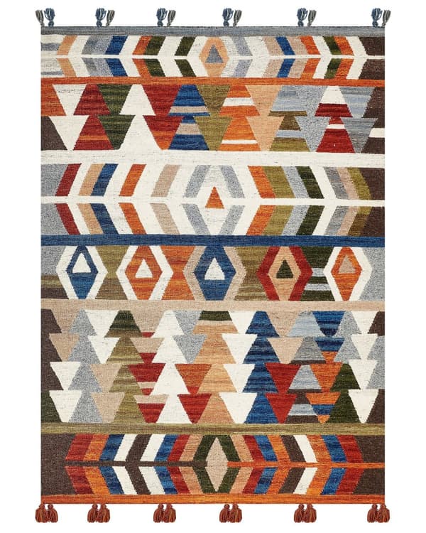 Kelimteppe flerfarget ull og bomull 200 x 300 cm håndlaget vevd boho geometrisk mønster med dusker