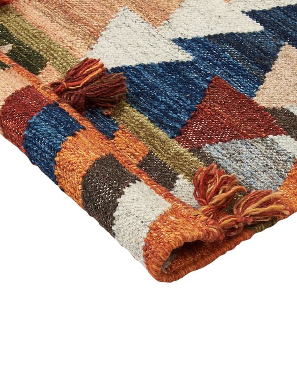 Kelimteppe flerfarget ull og bomull 200 x 300 cm håndlaget vevd boho geometrisk mønster med dusker