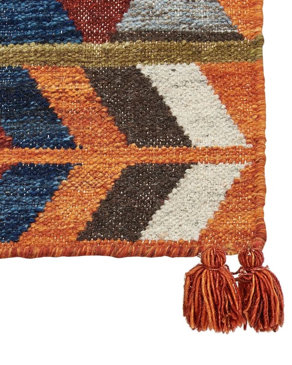 Kelimteppe flerfarget ull og bomull 200 x 300 cm håndlaget vevd boho geometrisk mønster med dusker