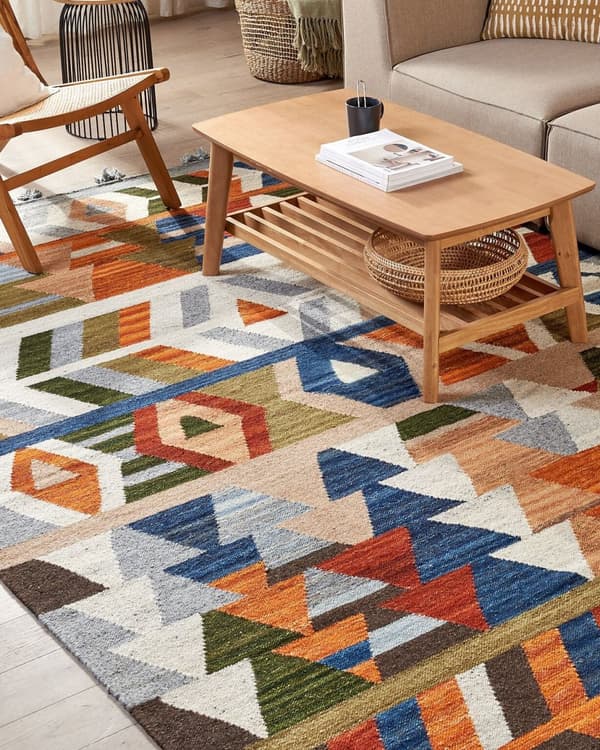 Kelimteppe flerfarget ull og bomull 200 x 300 cm håndlaget vevd boho geometrisk mønster med dusker