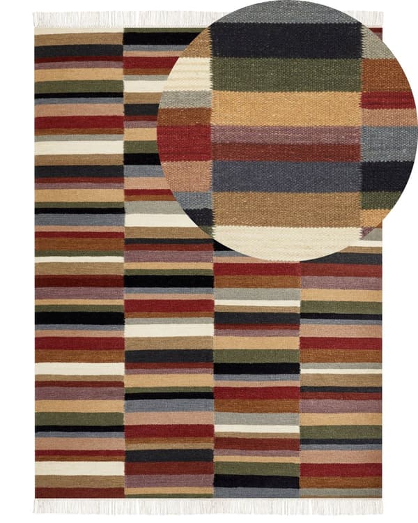 Kelimtæppe Multifarvet Uld 160 x 230 cm Fladvævet Løs Gulvtæppe til Børneværelse Mønstret Håndvævet Tæppe under Sofabord Tilbehør