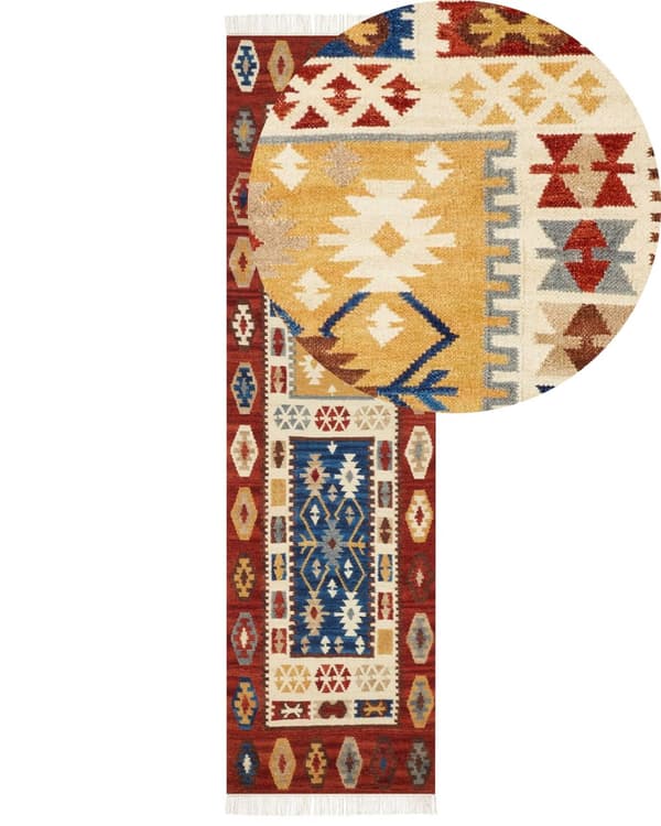 Kelim Matta Flerfärgad Ull 80 x 300 cm Handvävd Plattväv Orientaliskt Mönster med Tofsar Traditionell Vardagsrum Sovrum
