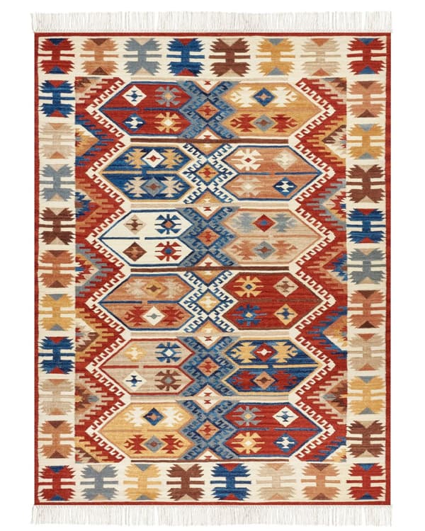 Matto monivärinen 160 x 230 cm villa suorakulmio geometrinen kuvio Kelim hapsut käsintehty boho
