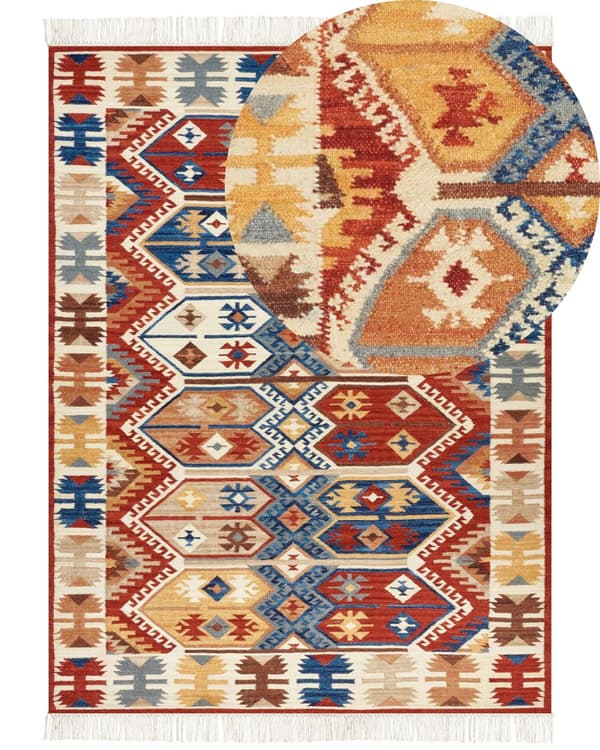 Matto monivärinen 160 x 230 cm villa suorakulmio geometrinen kuvio Kelim hapsut käsintehty boho