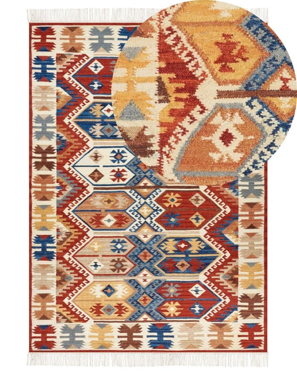 Matto monivärinen 200 x 300 cm villa suorakulmio geometrinen kuvio Kelim hapsut käsintehty boho
