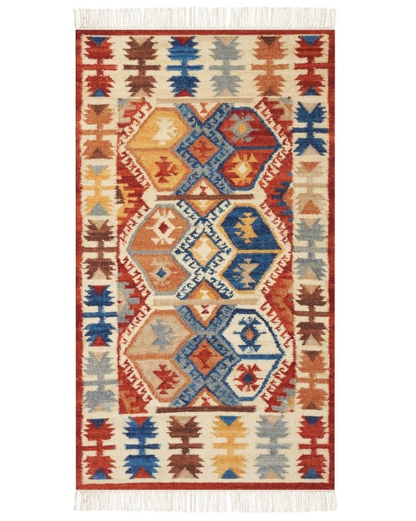 Matto monivärinen 80 x 150 cm villa suorakulmio geometrinen kuvio Kelim hapsut käsintehty boho