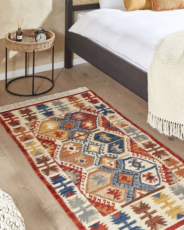 Matto monivärinen 80 x 150 cm villa suorakulmio geometrinen kuvio Kelim hapsut käsintehty boho