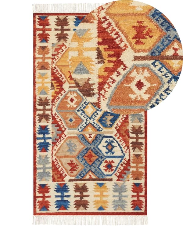 Matto monivärinen 80 x 150 cm villa suorakulmio geometrinen kuvio Kelim hapsut käsintehty boho