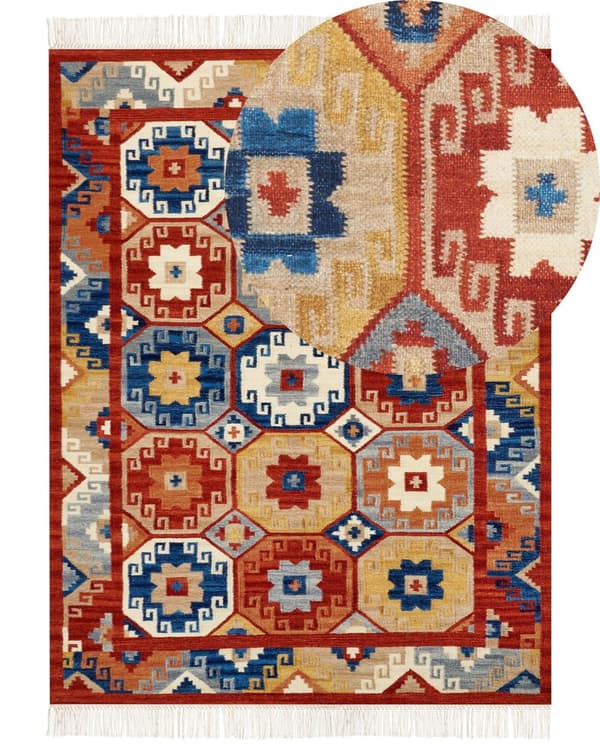 Matto monivärinen 160 x 230 cm villa geometrinen kuvio Kelim hapsut käsintehty suorakulmio boho