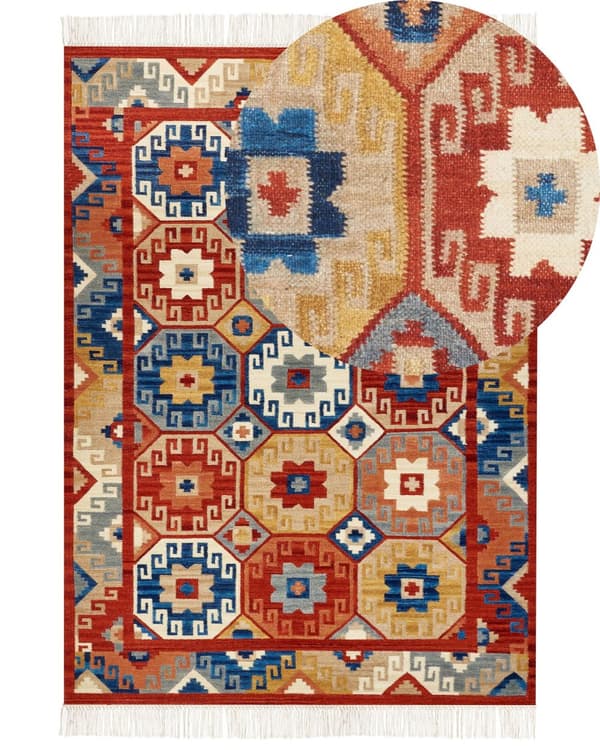 Matto monivärinen 200 x 300 cm villa geometrinen kuvio Kelim hapsut käsintehty suorakulmio boho