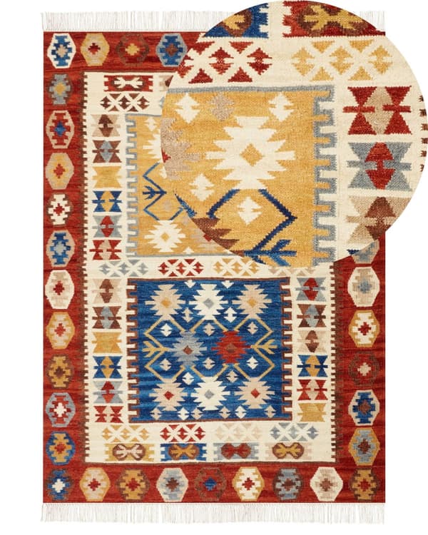 Gulvteppe Teppe Ull Flerfarget 200 x 300 cm Håndvevd Kelim Flatvevd Orientalsk mønster med dusker Tradisjonell Stue Soverom