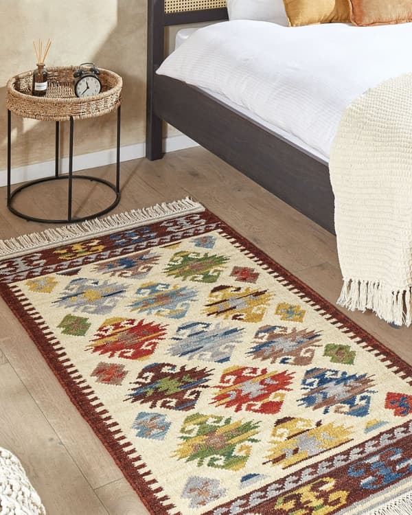 Matto monivärinen 80 x 150 cm villa puuvilla Kelim itämainen kuvio hapsut käsintehty boho