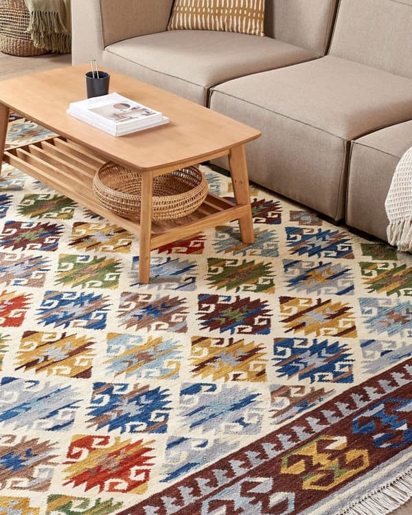Matto monivärinen 200 x 300 cm villa puuvilla Kelim itämainen kuvio hapsut käsintehty boho
