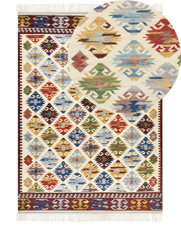 Matto monivärinen 200 x 300 cm villa puuvilla Kelim itämainen kuvio hapsut käsintehty boho