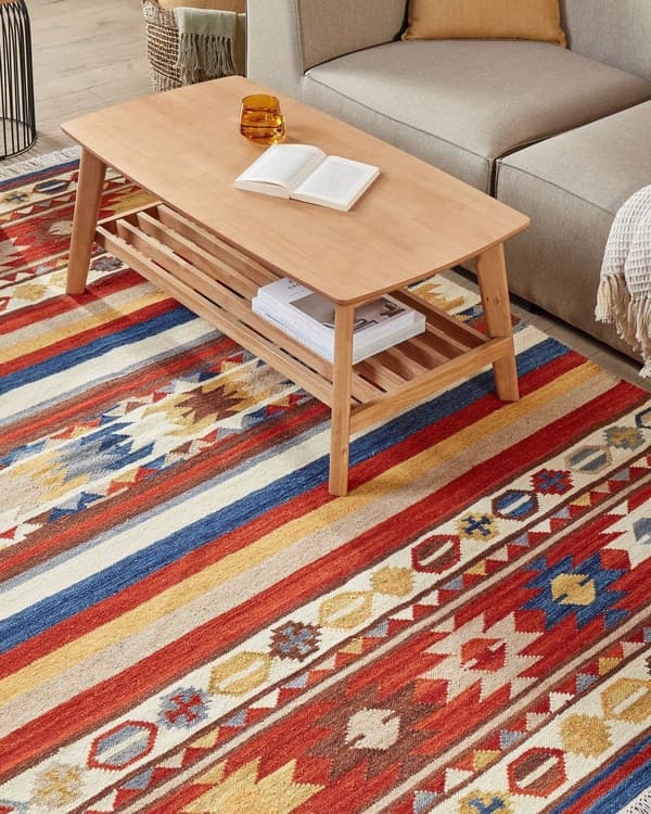 Ullteppe flerfarget 160 x 230 cm Kelim håndvevd flatvevd orientalsk mønster med dusker tradisjonell stue soverom