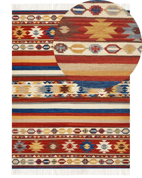 Ullteppe flerfarget 160 x 230 cm Kelim håndvevd flatvevd orientalsk mønster med dusker tradisjonell stue soverom