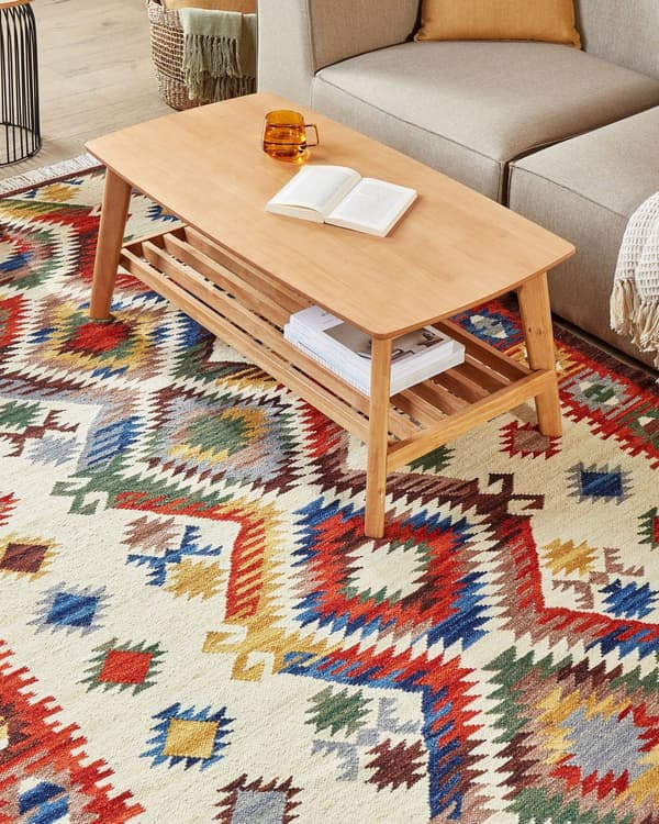 Kelimtæppe Multifarvet Uld 160 x 230 cm Fladvævet Løs Gulvtæppe til Børneværelse Mønstret Håndvævet Orientalsk Tæppe under Sofabord Tilbehør