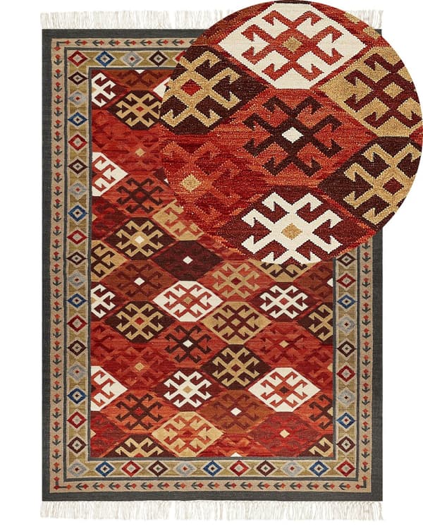 Matto monivärinen 200 x 300 cm villa Kelim itämainen kuvio hapsut käsintehty rustiikkinen
