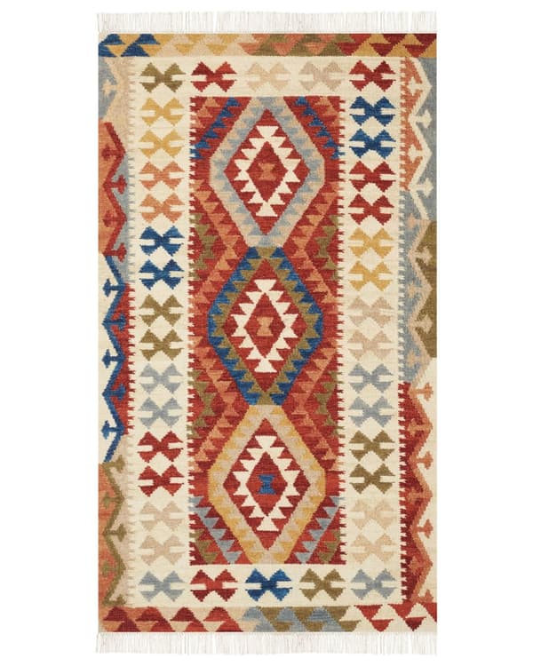 Matto monivärinen 80 x 150 cm villa puuvilla käsintehty Kelim hapsut geometrinen kuvio boho