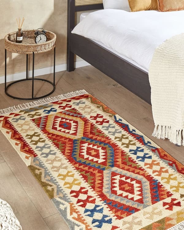 Matto monivärinen 80 x 150 cm villa puuvilla käsintehty Kelim hapsut geometrinen kuvio boho