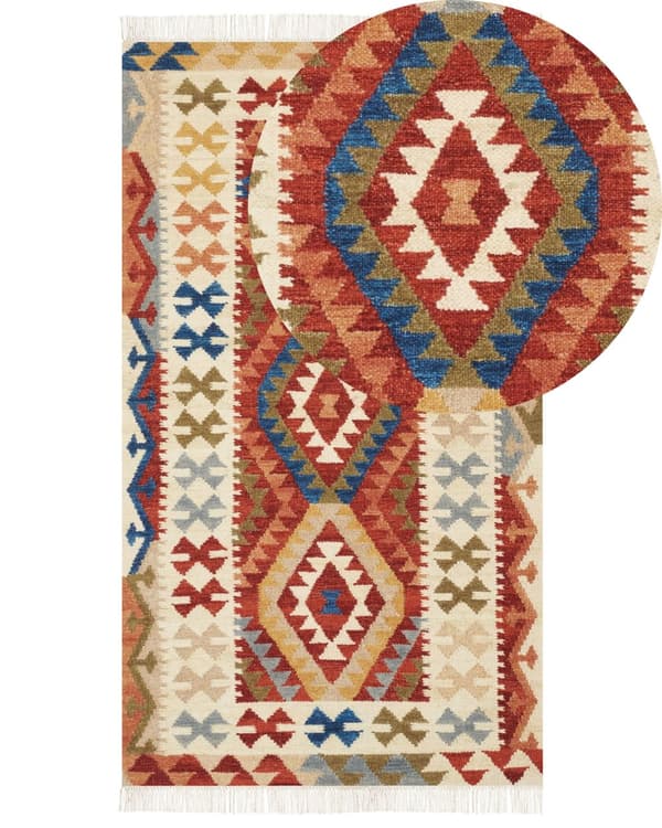 Matto monivärinen 80 x 150 cm villa puuvilla käsintehty Kelim hapsut geometrinen kuvio boho