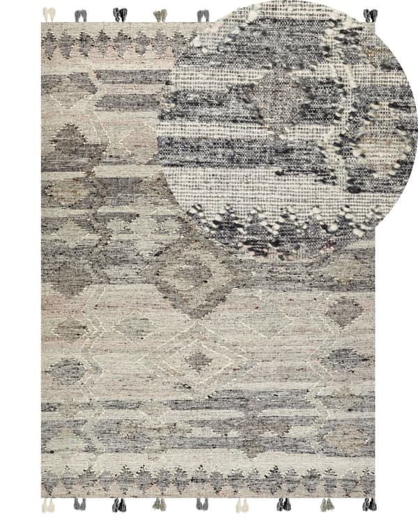 Matto harmaa 200 x 300 cm villa puuvilla geometrinen kuvio tupsut Kelim käsintehty boho retro