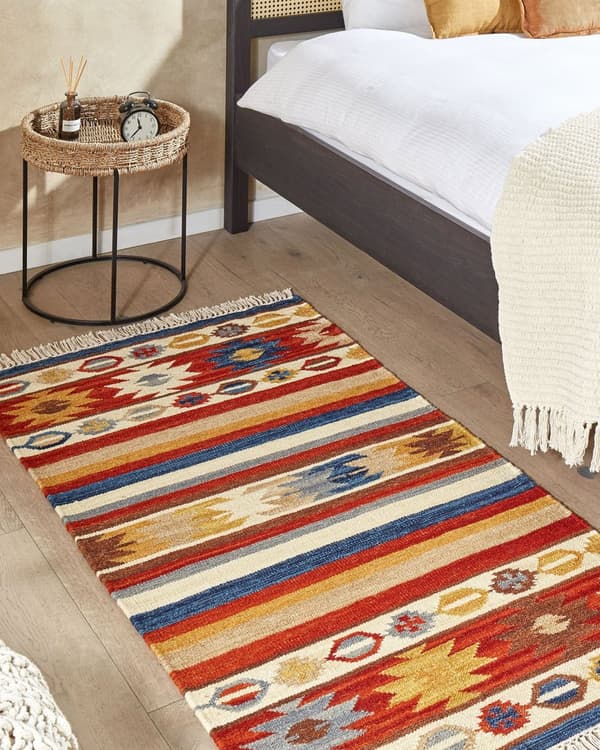 Matto monivärinen 80 x 150 cm villa puuvilla Kelim hapsut itämainen kuvio käsintehty boho