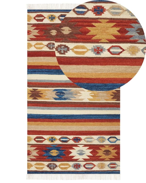 Matto monivärinen 80 x 150 cm villa puuvilla Kelim hapsut itämainen kuvio käsintehty boho