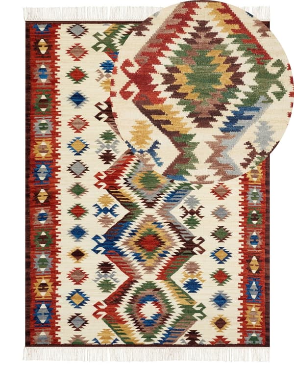 Matto monivärinen 160 x 230 cm villa puuvilla hapsut itämainen kuvio Kelim käsintehty boho