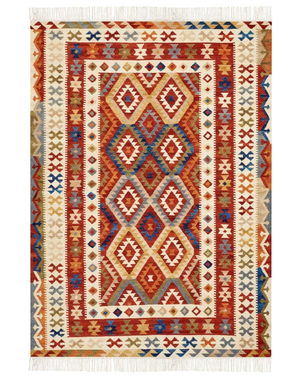 Matto monivärinen 200 x 300 cm villa puuvilla käsintehty Kelim hapsut geometrinen kuvio boho