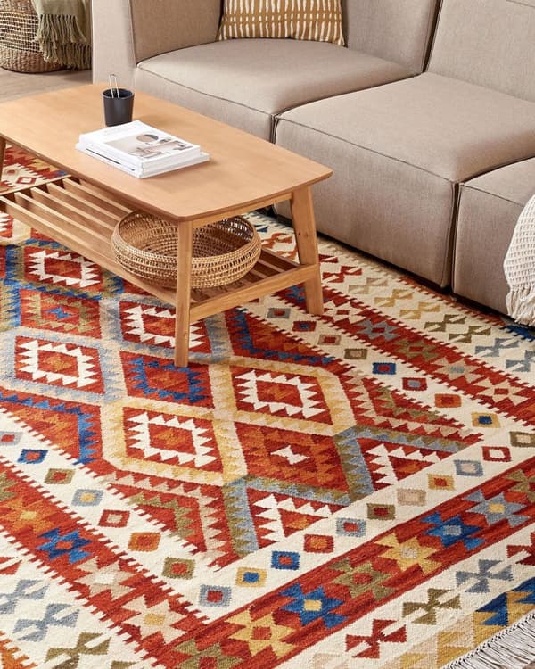 Matto monivärinen 200 x 300 cm villa puuvilla käsintehty Kelim hapsut geometrinen kuvio boho