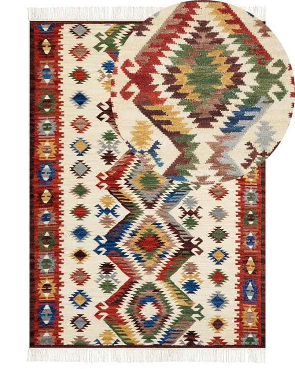 Matto monivärinen 200 x 300 cm villa puuvilla hapsut itämainen kuvio Kelim käsintehty boho