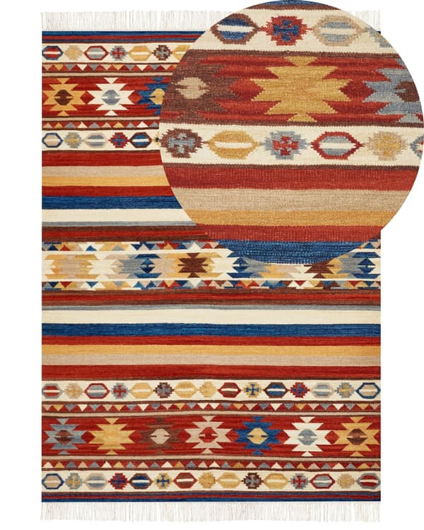 Matto monivärinen 200 x 300 cm villa puuvilla Kelim hapsut itämainen kuvio käsintehty boho