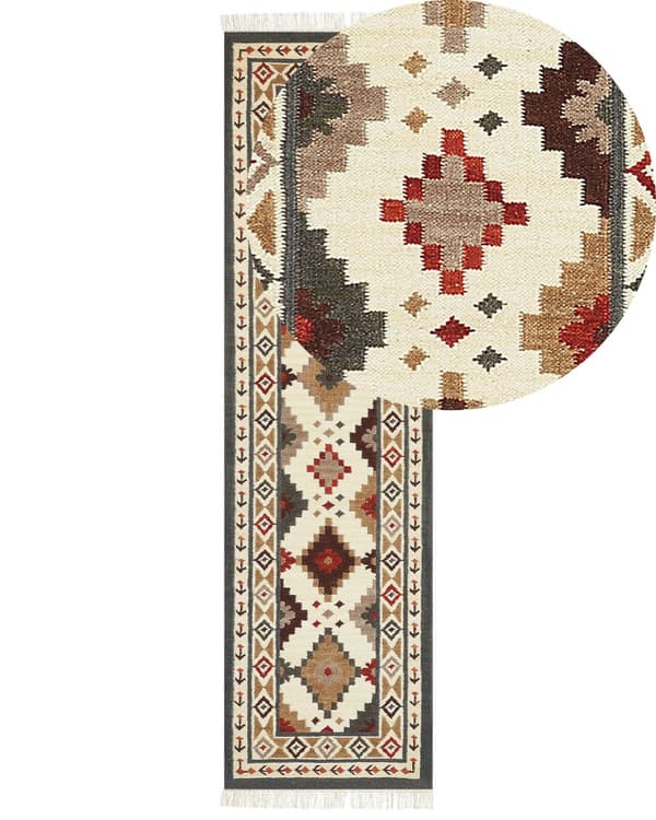 Teppe Flerfarget Ull 80 x 300 cm Kelim Frynser Håndvevd Rustikk Orientalsk design Dekorativt Stue Soverom