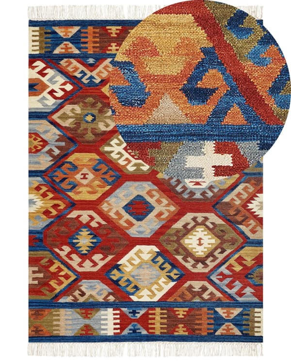 Teppe Flerfarget Ull 200 x 300 cm Kelim Mønster Frynser Håndvevd Rustikk Orientalsk design Dekorativt Stue Soverom